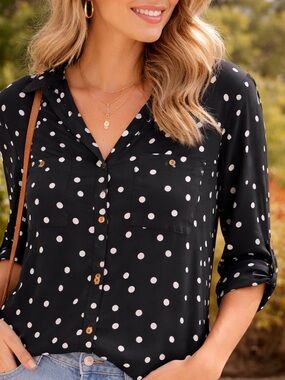 Ellen Tracy Polka Dot Black and White Button Blouse - Size L